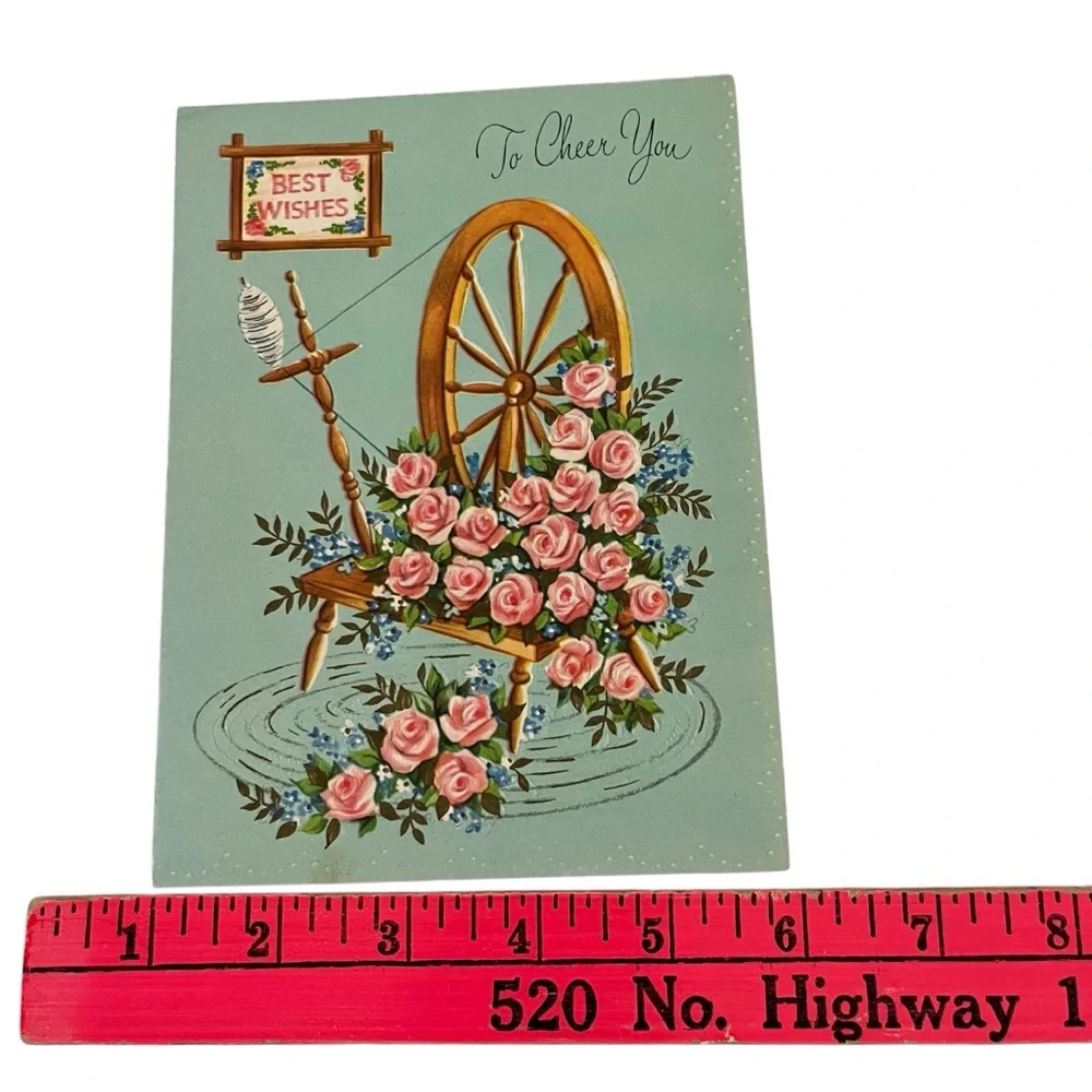 Unused Vintage Greeting Card Best Wishes to Cheer You Floral Spinning Wheel